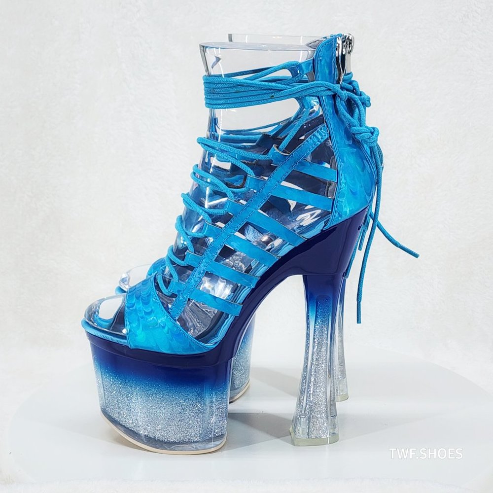 Bulls Blue Strappy Gradient Ombre Glitter Tint Platform & Chunky Heels